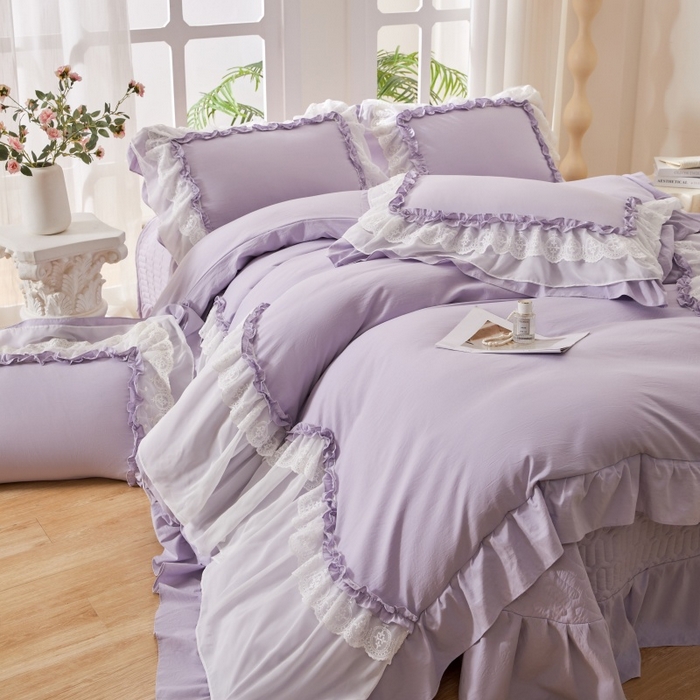 91家纺网 家纺一手货源 找家纺 七里香 2026春夏新款加厚锦棉雪纺蕾丝法式仿棉床盖韩版公主风四件套 知羽-紫色