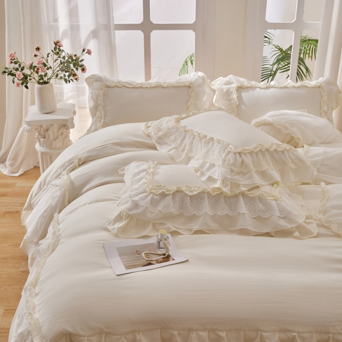 91家纺网 家纺一手货源 找家纺 七里香 2026春夏新款加厚锦棉雪纺蕾丝法式仿棉床盖韩版公主风四件套 知羽-米白