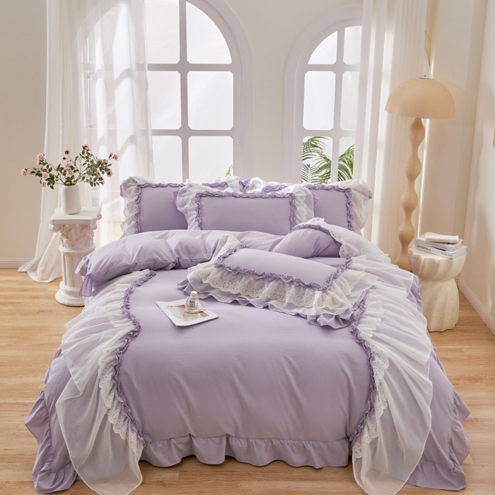 91家纺网 家纺一手货源 找家纺 七里香 2026春夏新款加厚锦棉雪纺蕾丝法式仿棉床盖韩版公主风四件套 知羽-紫色