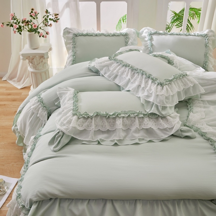 91家纺网 家纺一手货源 找家纺 七里香 2026春夏新款加厚锦棉雪纺蕾丝法式仿棉床盖韩版公主风四件套 知羽-浅绿