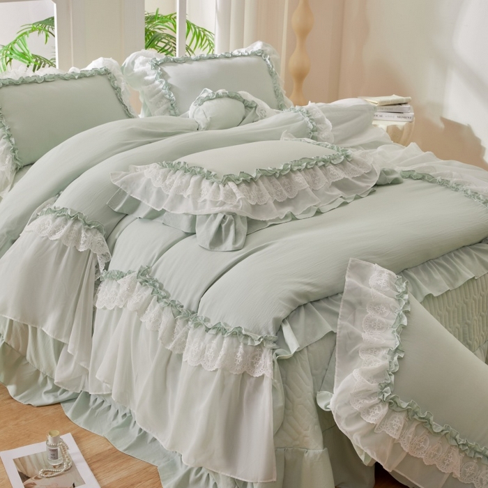 91家纺网 家纺一手货源 找家纺 七里香 2026春夏新款加厚锦棉雪纺蕾丝法式仿棉床盖韩版公主风四件套 知羽-浅绿