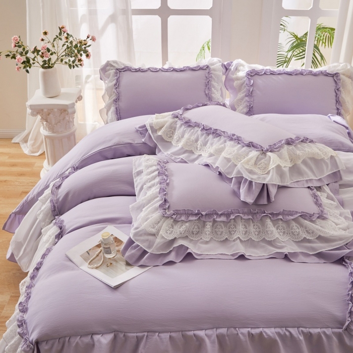 91家纺网 家纺一手货源 找家纺 七里香 2026春夏新款加厚锦棉雪纺蕾丝法式仿棉床盖韩版公主风四件套 知羽-紫色