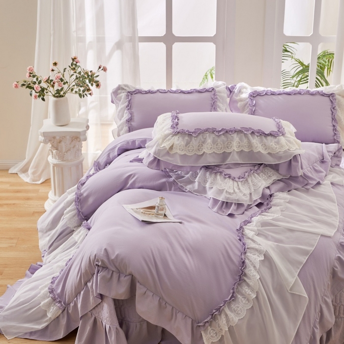 91家纺网 家纺一手货源 找家纺 七里香 2026春夏新款加厚锦棉雪纺蕾丝法式仿棉床盖韩版公主风四件套 知羽-紫色