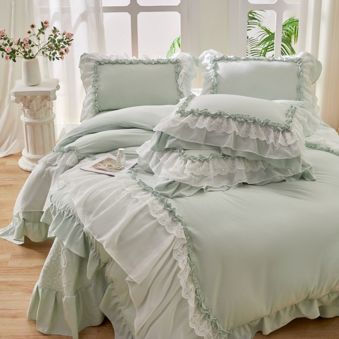 91家纺网 家纺一手货源 找家纺 七里香 2026春夏新款加厚锦棉雪纺蕾丝法式仿棉床盖韩版公主风四件套 知羽-浅绿