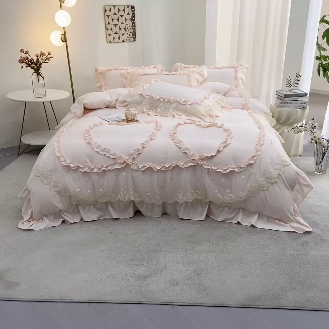 91家纺网 家纺一手货源 找家纺 （总）七里香 2026春夏新款加厚锦棉雪纺蕾丝法式仿棉床盖韩版公主风四件套