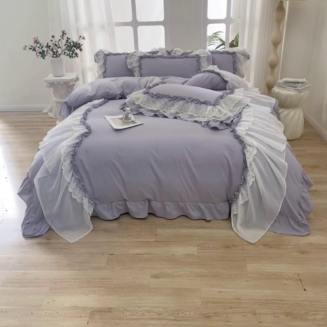 91家纺网 家纺一手货源 找家纺 七里香 2026春夏新款加厚锦棉雪纺蕾丝法式仿棉床盖韩版公主风四件套 知羽-紫色