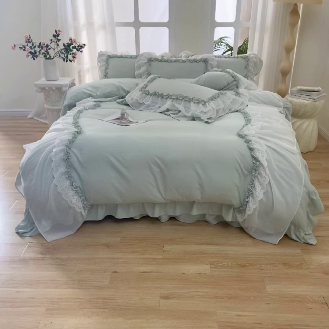 91家纺网 家纺一手货源 找家纺 七里香 2026春夏新款加厚锦棉雪纺蕾丝法式仿棉床盖韩版公主风四件套 知羽-浅绿