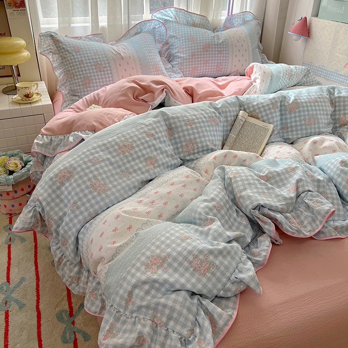 91家纺网 家纺一手货源 找家纺 睡美美家纺 2026新款皱皱纱肤感花边四件套 梦境织格