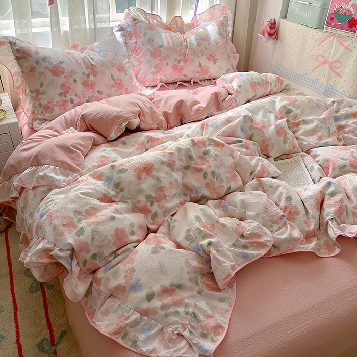 91家纺网 家纺一手货源 找家纺 睡美美家纺 2026新款皱皱纱肤感花边四件套 旧梦蔷薇