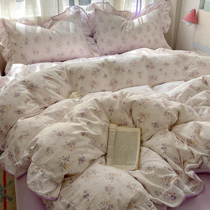 91家纺网 家纺一手货源 找家纺 睡美美家纺 2026新款皱皱纱肤感花边四件套 紫风铃