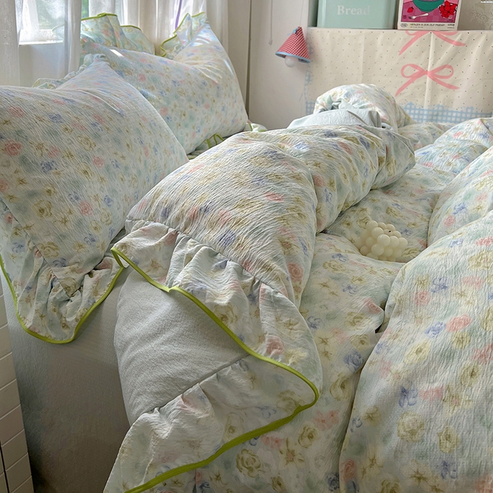 91家纺网 家纺一手货源 找家纺 睡美美家纺 2026新款皱皱纱肤感花边四件套 绿野