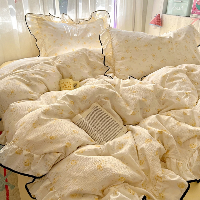 91家纺网 家纺一手货源 找家纺 睡美美家纺 2026新款皱皱纱肤感花边四件套 莹光