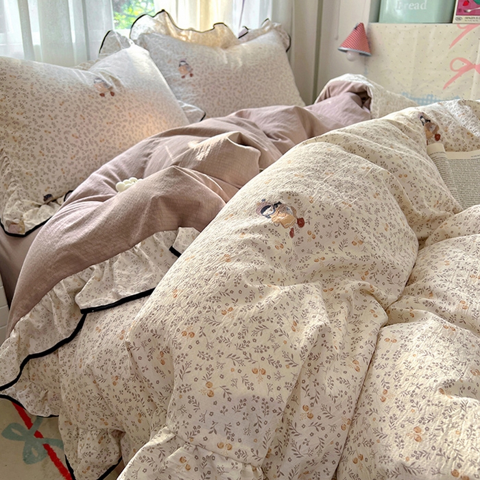 91家纺网 家纺一手货源 找家纺 睡美美家纺 2026新款皱皱纱肤感花边四件套 桃乐丝