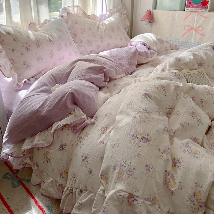 91家纺网 家纺一手货源 找家纺 睡美美家纺 2026新款皱皱纱肤感花边四件套 紫风铃