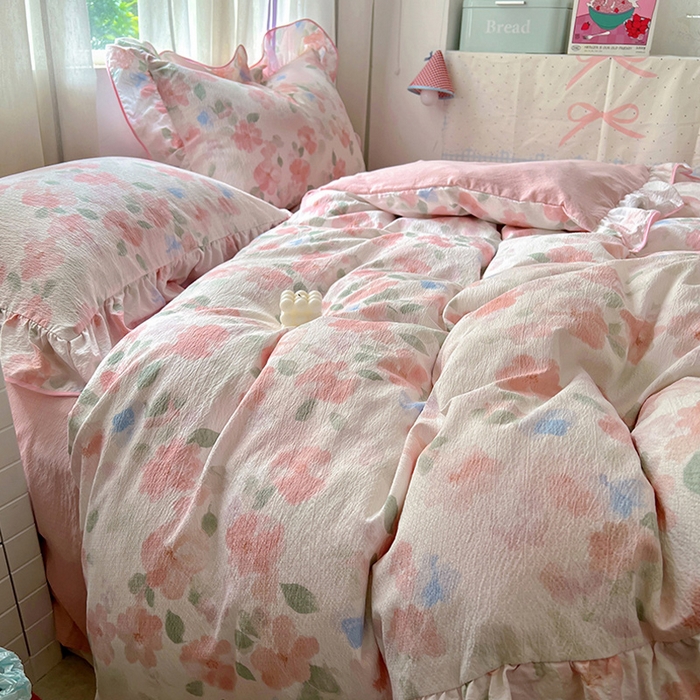 91家纺网 家纺一手货源 找家纺 睡美美家纺 2026新款皱皱纱肤感花边四件套 旧梦蔷薇