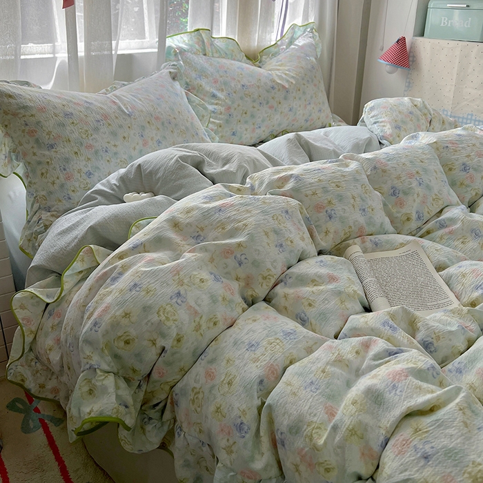 91家纺网 家纺一手货源 找家纺 睡美美家纺 2026新款皱皱纱肤感花边四件套 绿野