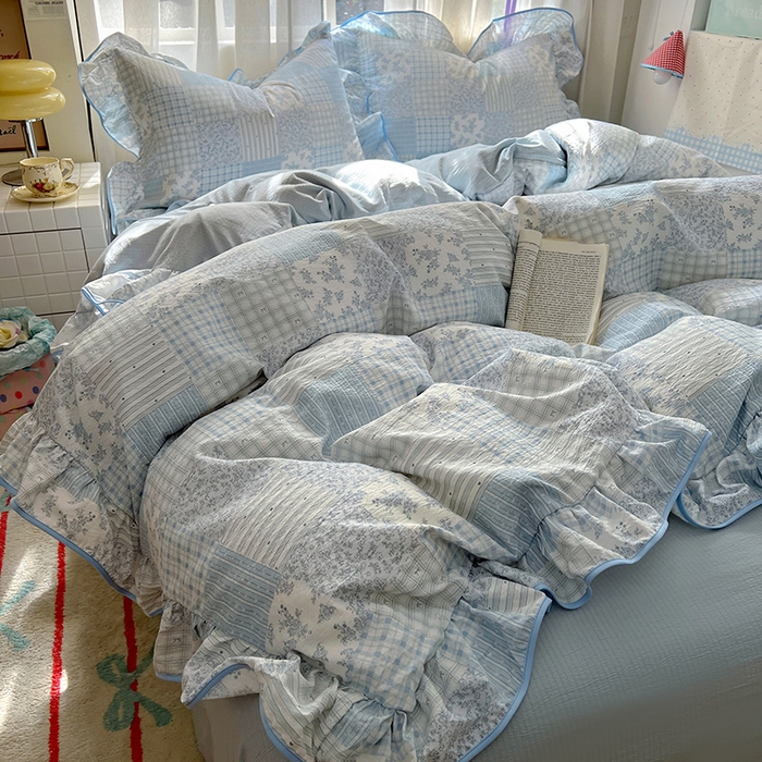 91家纺网 家纺一手货源 找家纺 睡美美家纺 2026新款皱皱纱肤感花边四件套 百福蓝