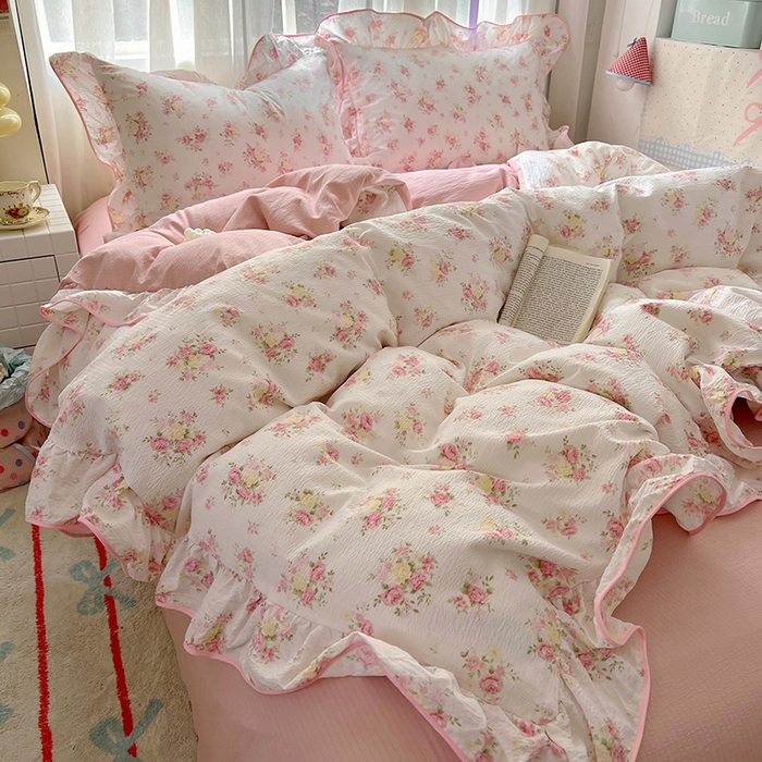 91家纺网 家纺一手货源 找家纺 睡美美家纺 2026新款皱皱纱肤感花边四件套 夭夭