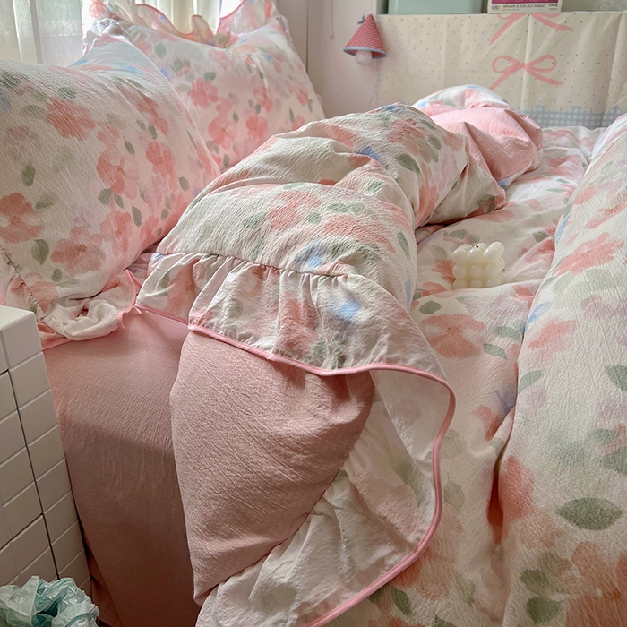 91家纺网 家纺一手货源 找家纺 睡美美家纺 2026新款皱皱纱肤感花边四件套 旧梦蔷薇