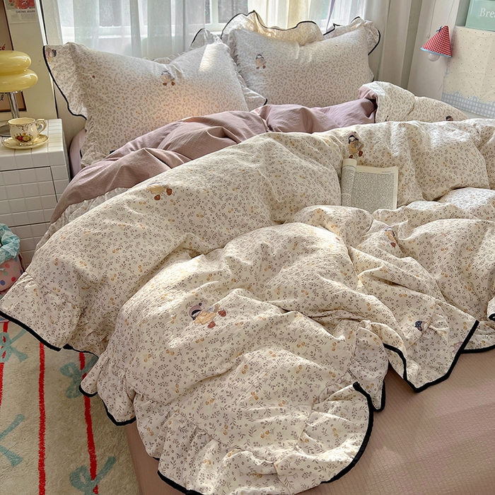 91家纺网 家纺一手货源 找家纺 睡美美家纺 2026新款皱皱纱肤感花边四件套 桃乐丝