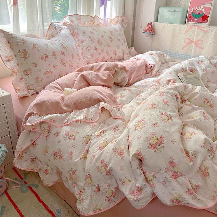 91家纺网 家纺一手货源 找家纺 睡美美家纺 2026新款皱皱纱肤感花边四件套 夭夭