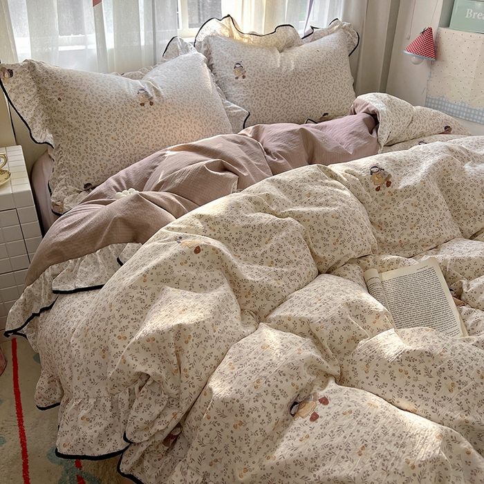 91家纺网 家纺一手货源 找家纺 睡美美家纺 2026新款皱皱纱肤感花边四件套 桃乐丝