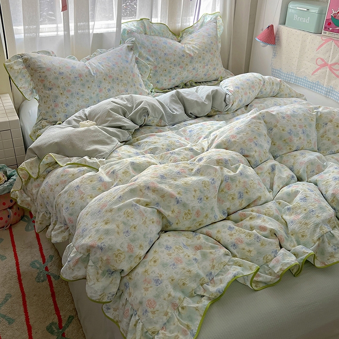 91家纺网 家纺一手货源 找家纺 睡美美家纺 2026新款皱皱纱肤感花边四件套 绿野