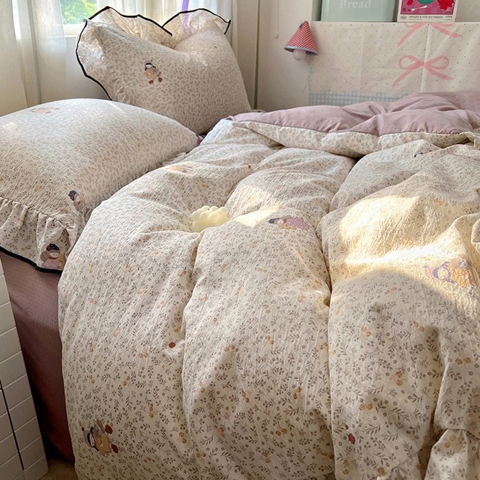 91家纺网 家纺一手货源 找家纺 睡美美家纺 2026新款皱皱纱肤感花边四件套 桃乐丝