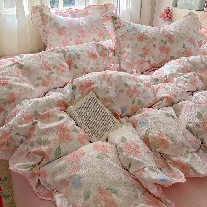 91家纺网 家纺一手货源 找家纺 睡美美家纺 2026新款皱皱纱肤感花边四件套 旧梦蔷薇