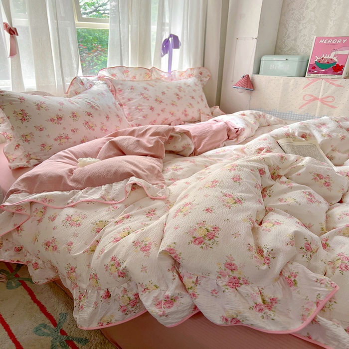 91家纺网 家纺一手货源 找家纺 睡美美家纺 2026新款皱皱纱肤感花边四件套 夭夭