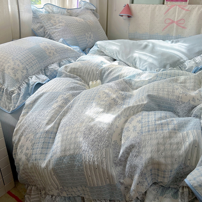 91家纺网 家纺一手货源 找家纺 睡美美家纺 2026新款皱皱纱肤感花边四件套 百福蓝