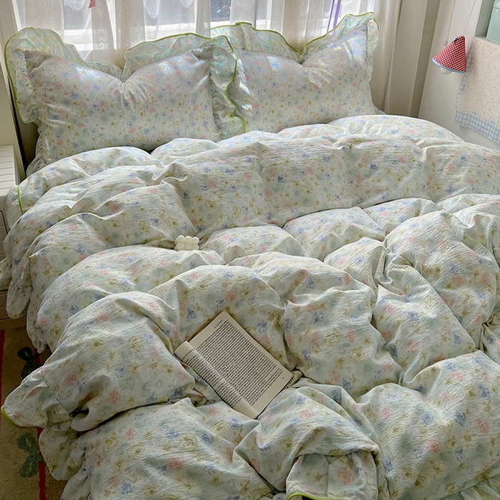 91家纺网 家纺一手货源 找家纺 睡美美家纺 2026新款皱皱纱肤感花边四件套 绿野