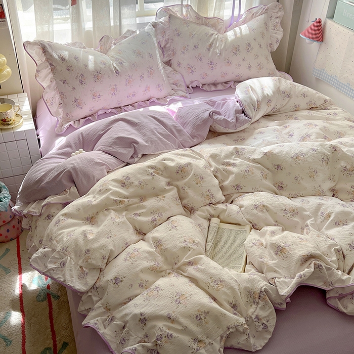 91家纺网 家纺一手货源 找家纺 睡美美家纺 2026新款皱皱纱肤感花边四件套 紫风铃