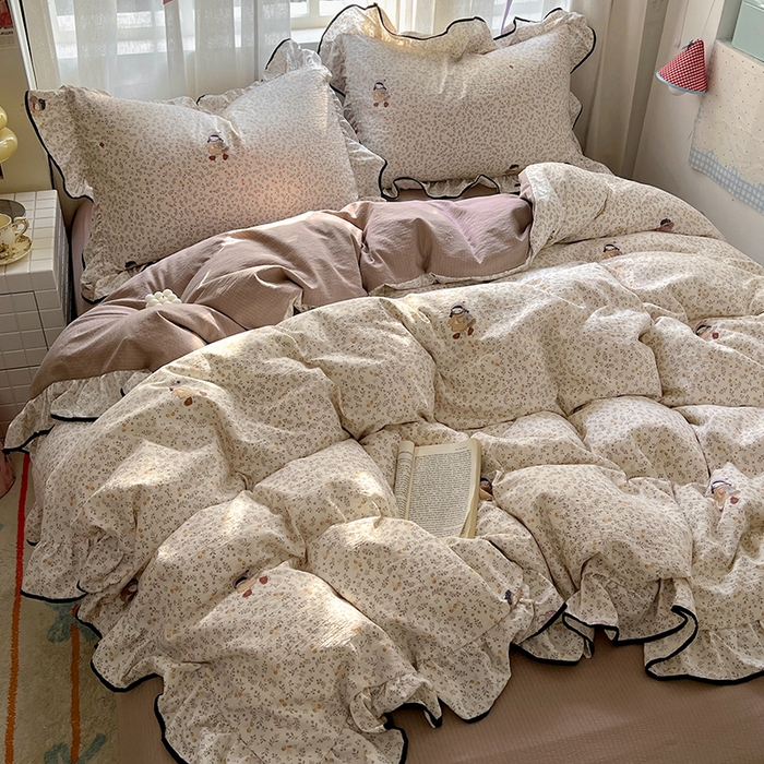 91家纺网 家纺一手货源 找家纺 睡美美家纺 2026新款皱皱纱肤感花边四件套 桃乐丝