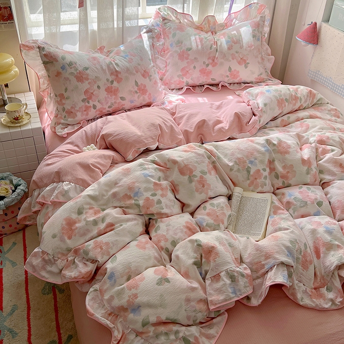 91家纺网 家纺一手货源 找家纺 睡美美家纺 2026新款皱皱纱肤感花边四件套 旧梦蔷薇