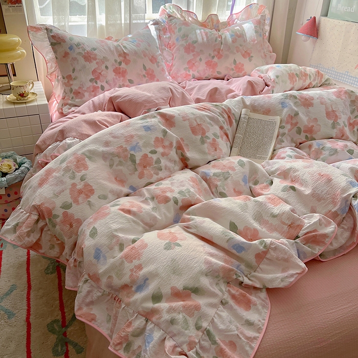 91家纺网 家纺一手货源 找家纺 睡美美家纺 2026新款皱皱纱肤感花边四件套 旧梦蔷薇