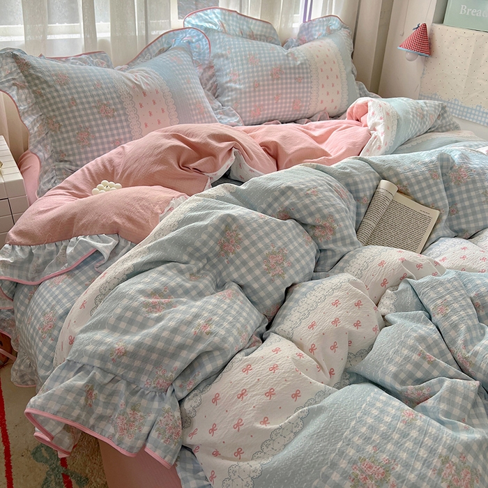 91家纺网 家纺一手货源 找家纺 睡美美家纺 2026新款皱皱纱肤感花边四件套 梦境织格