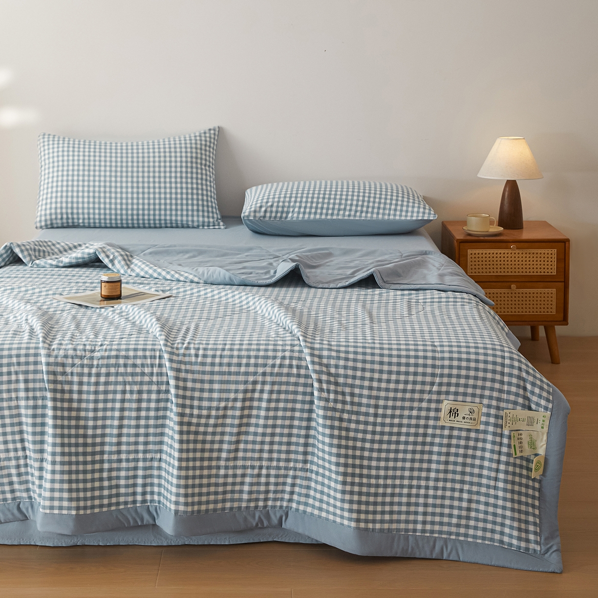 91家纺网 家纺一手货源 找家纺 寐眠 2026新款水洗棉花夏被夏凉被空调被 冰蓝小格