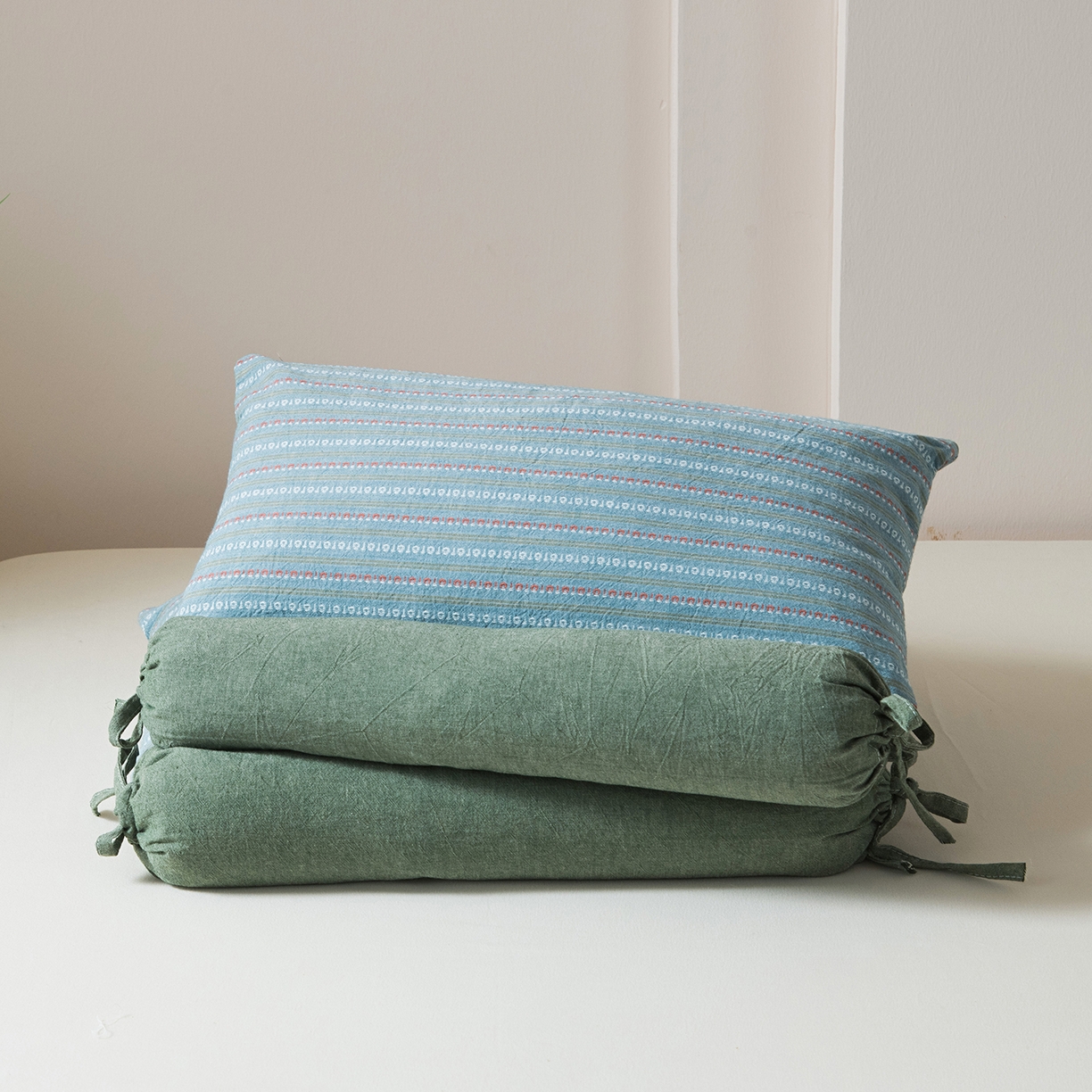 莉迪娅 2026新款全棉立体条纹荞麦枕枕头枕芯 条纹绿