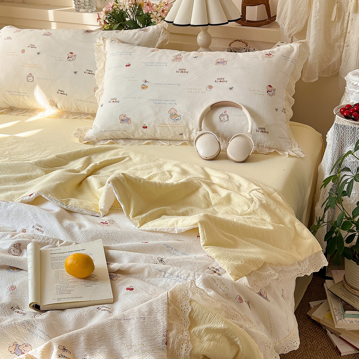 91家纺网 家纺一手货源 找家纺 （总）瑞禾家纺 2026新款彩色花边木棉皱皱纱夏被四件套