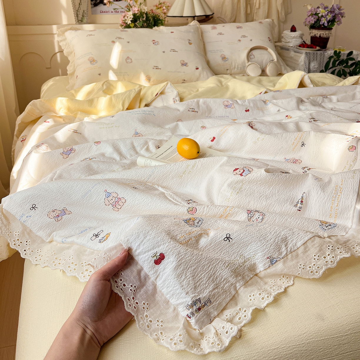 91家纺网 家纺一手货源 找家纺 （总）瑞禾家纺 2026新款彩色花边木棉皱皱纱夏被四件套