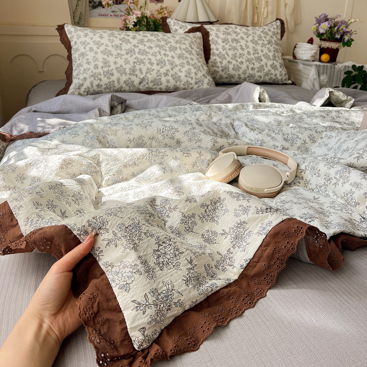 91家纺网 家纺一手货源 找家纺 （总）瑞禾家纺 2026新款彩色花边木棉皱皱纱夏被四件套