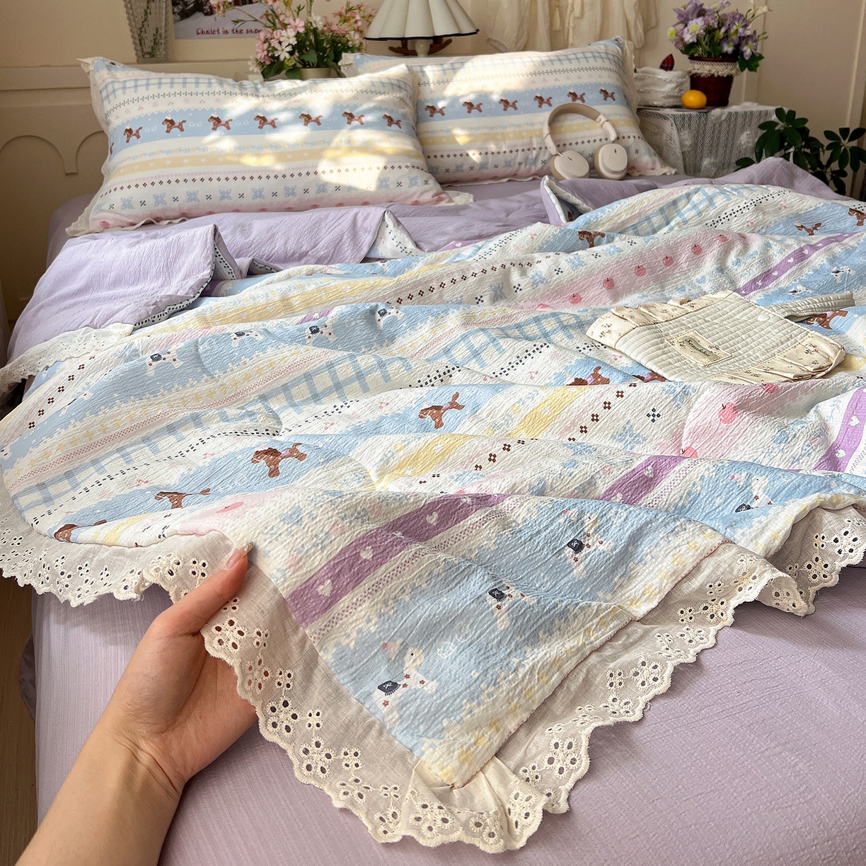 91家纺网 家纺一手货源 找家纺 （总）瑞禾家纺 2026新款彩色花边木棉皱皱纱夏被四件套