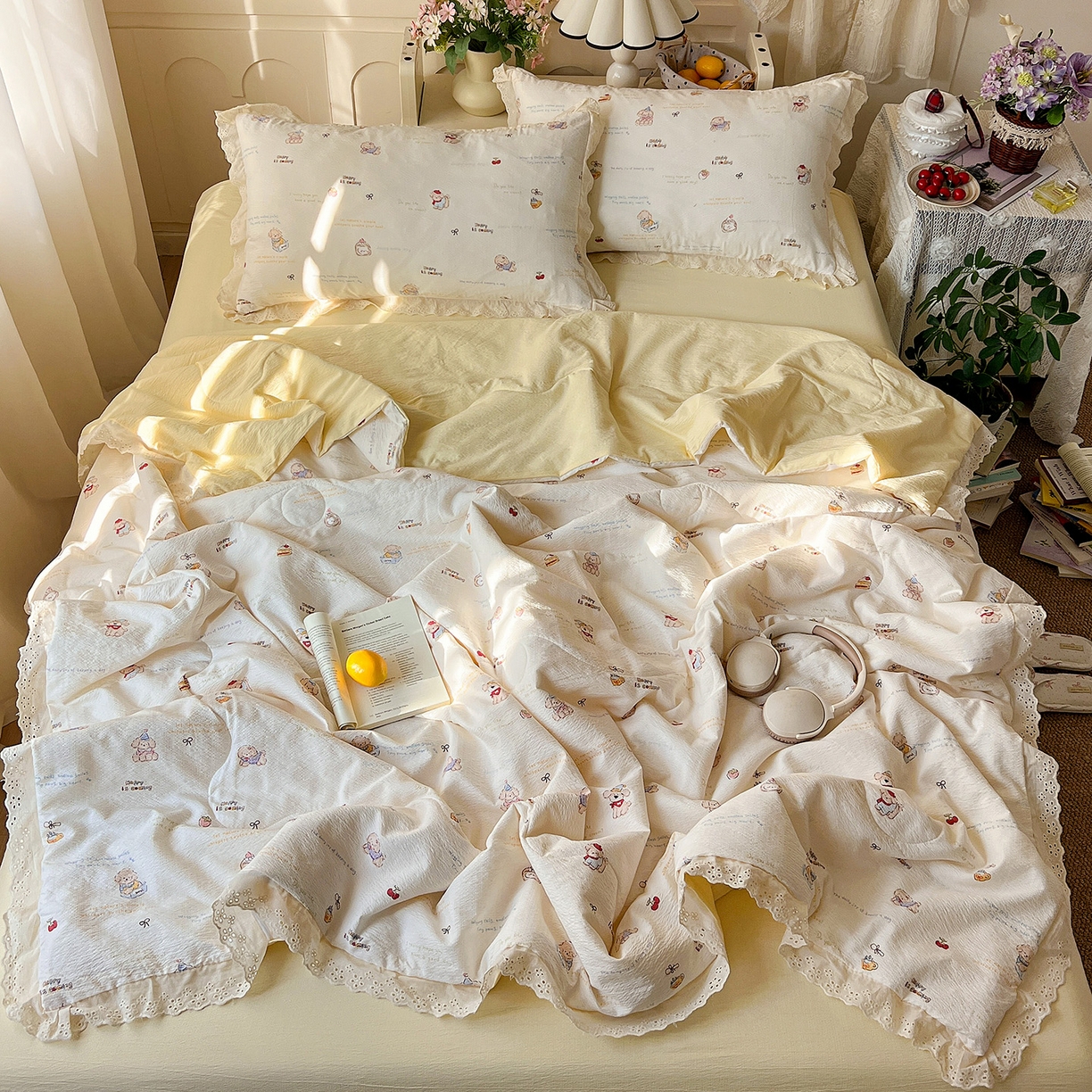 91家纺网 家纺一手货源 找家纺 瑞禾家纺 2026新款彩色花边木棉皱皱纱夏被四件套 阿吉豆