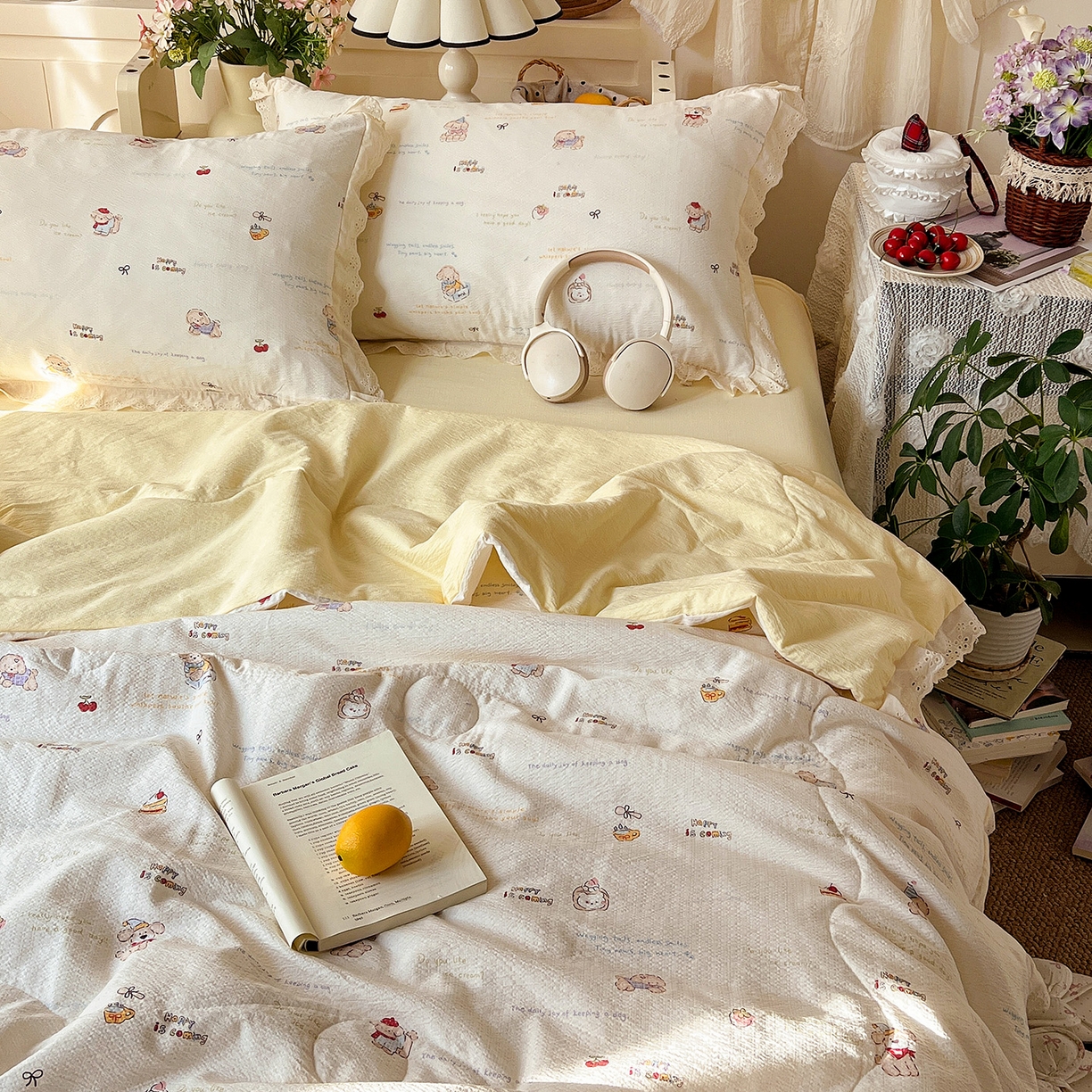 91家纺网 家纺一手货源 找家纺 瑞禾家纺 2026新款彩色花边木棉皱皱纱夏被四件套 阿吉豆