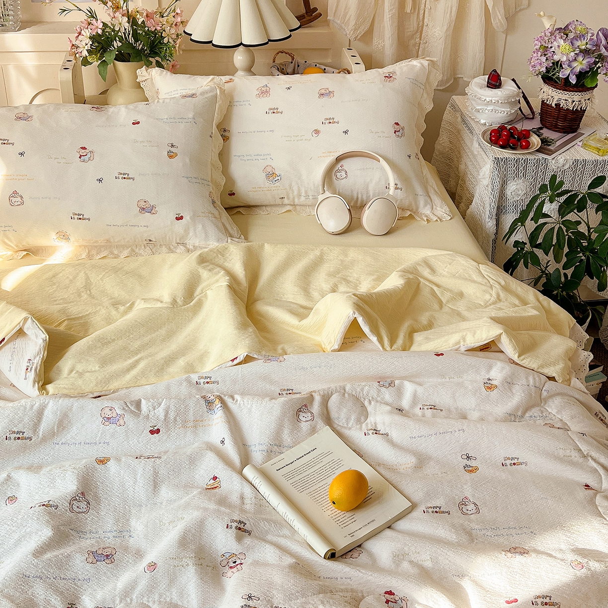 91家纺网 家纺一手货源 找家纺 瑞禾家纺 2026新款彩色花边木棉皱皱纱夏被四件套 阿吉豆