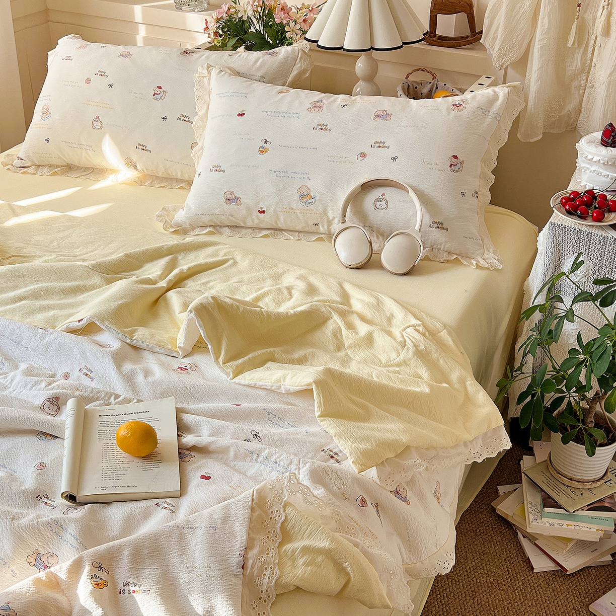 91家纺网 家纺一手货源 找家纺 瑞禾家纺 2026新款彩色花边木棉皱皱纱夏被四件套 阿吉豆