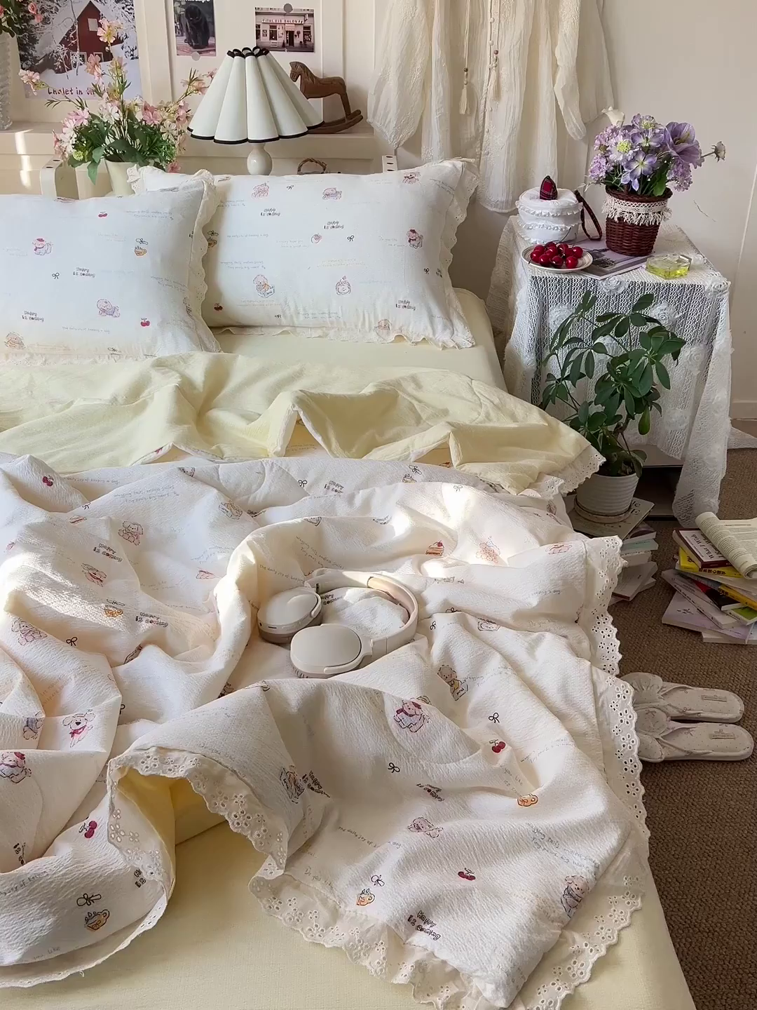 91家纺网 家纺一手货源 找家纺 瑞禾家纺 2026新款彩色花边木棉皱皱纱夏被四件套 阿吉豆