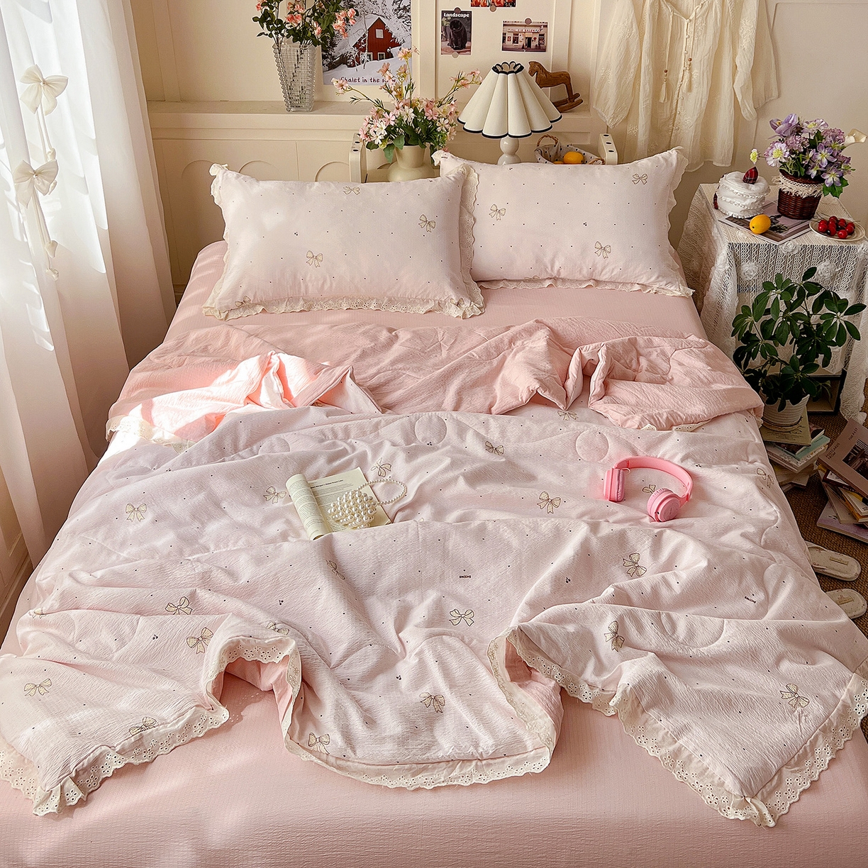 91家纺网 家纺一手货源 找家纺 瑞禾家纺 2026新款彩色花边木棉皱皱纱夏被四件套 初心粉