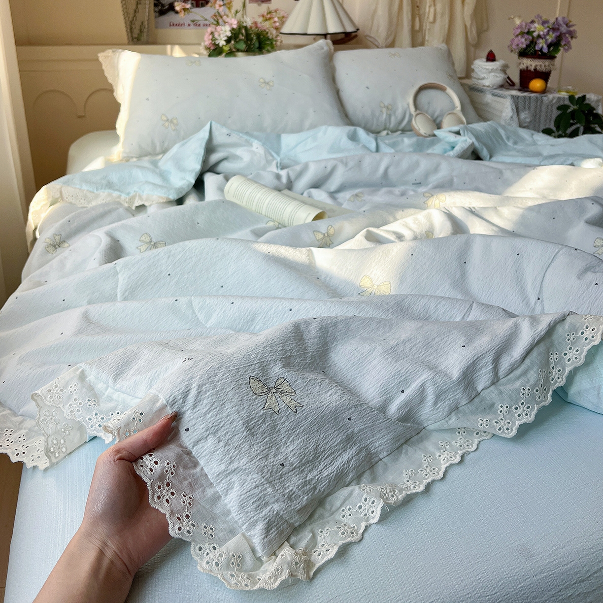 瑞禾家纺 2026新款彩色花边木棉皱皱纱夏被四件套 初心蓝